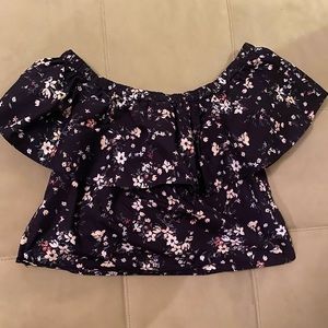 Black with Flowers Cropped Off the Shoulder Top